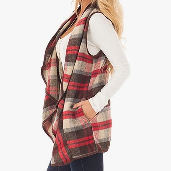 Buffalo Plaid Vest Casual Lapel Open Front Sleeveless Cardigan - Picture 3 of 6